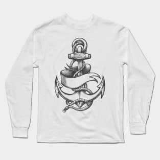 Ship Anchor with marine ropes and Blank Ribbon Old School Tattoo Long Sleeve T-Shirt